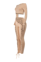Mocha ankle-length pants with roundneck top