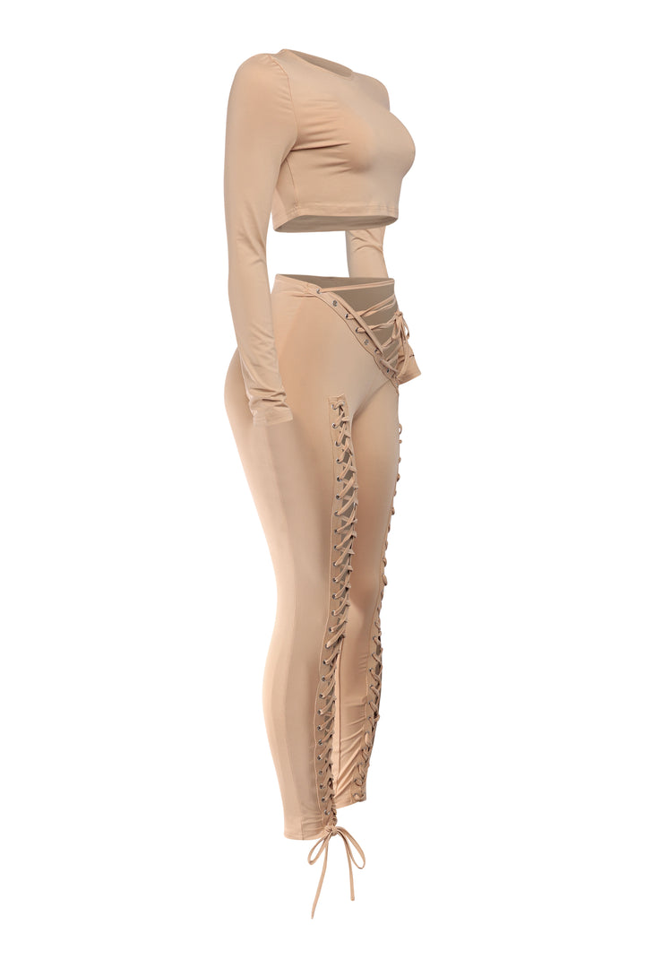 Mocha slim-fit two-piece outfit with lace-up detail