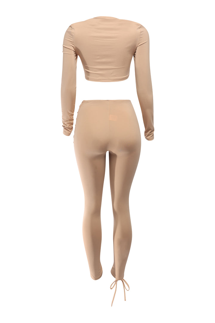 Stylish mocha lace-up outfit for evening wear