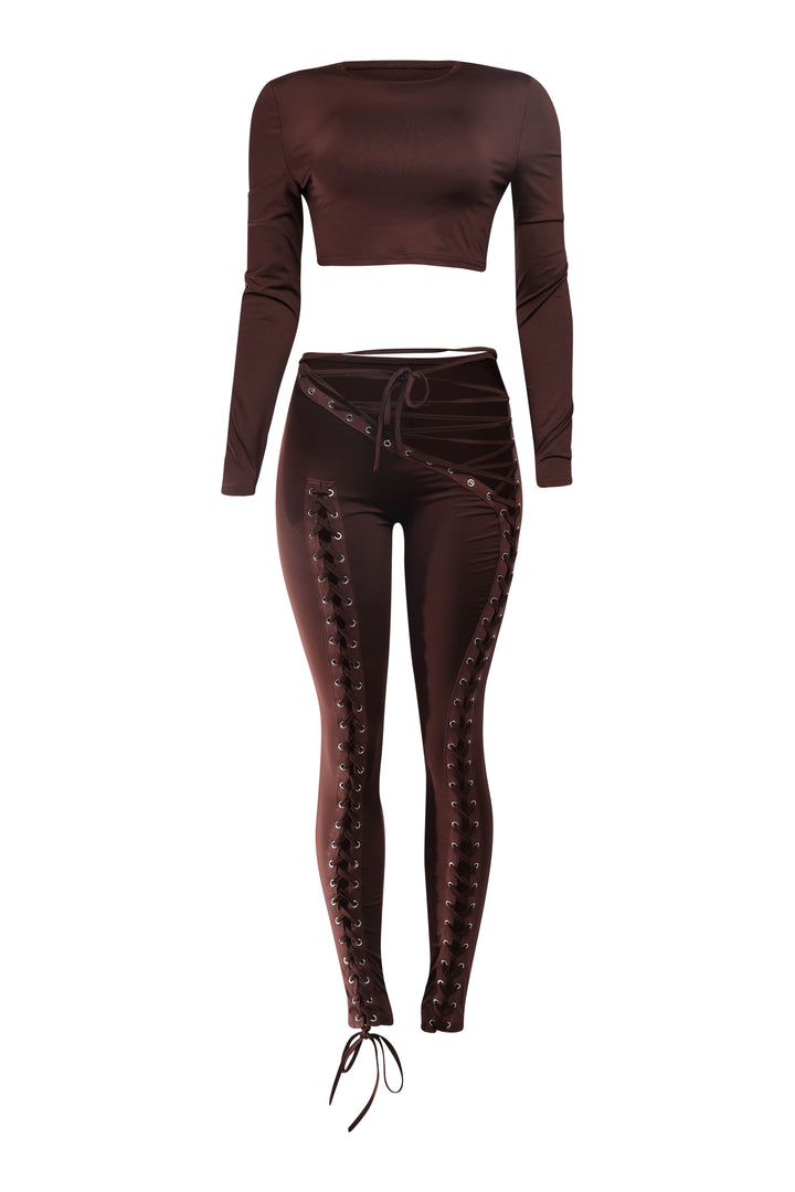 Brown lace-up pants and crop top set