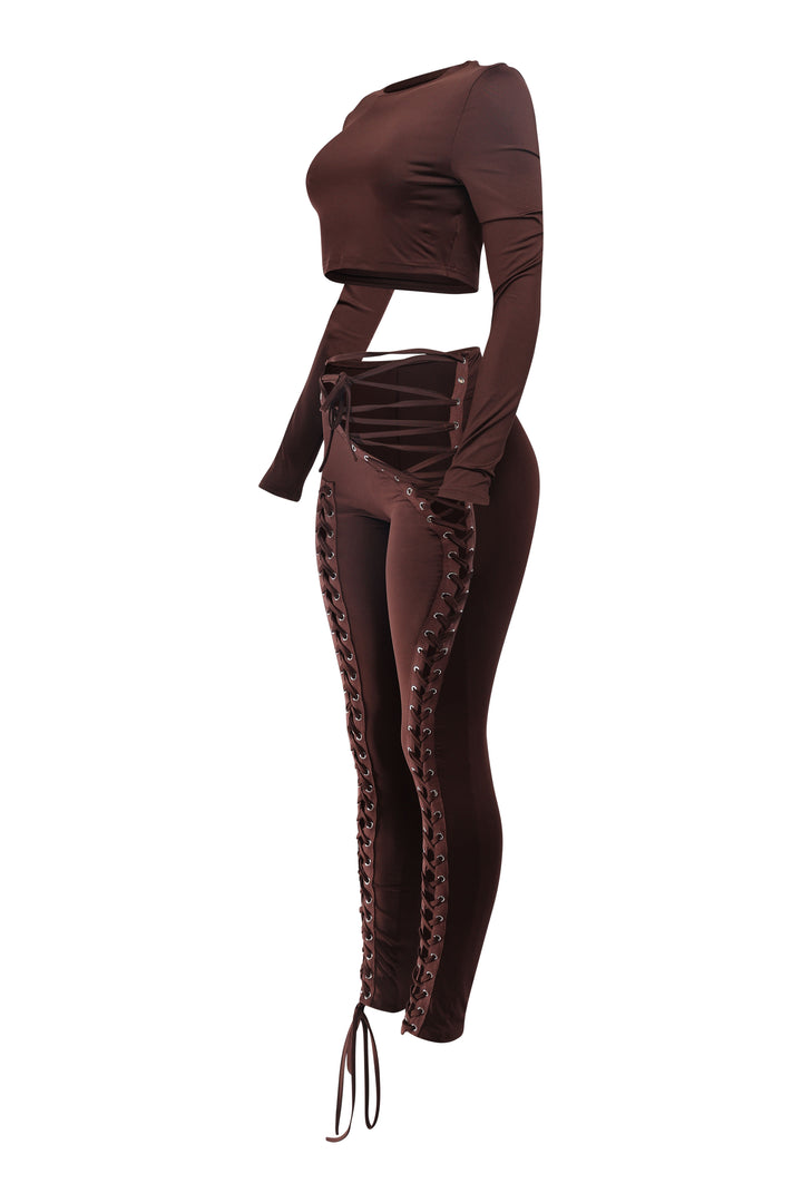 Brown ankle-length pants with roundneck top