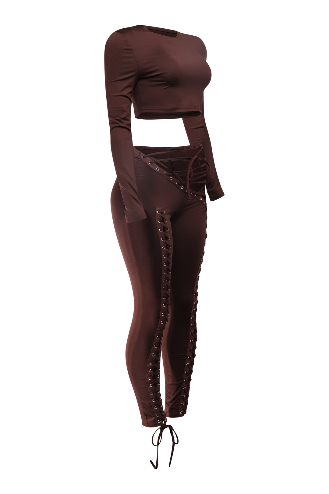 Brown slim-fit two-piece outfit with lace-up detail