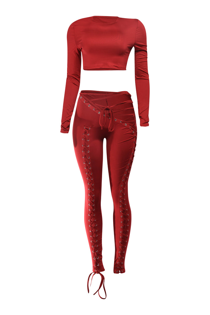 Burgundy lace-up pants and crop top set