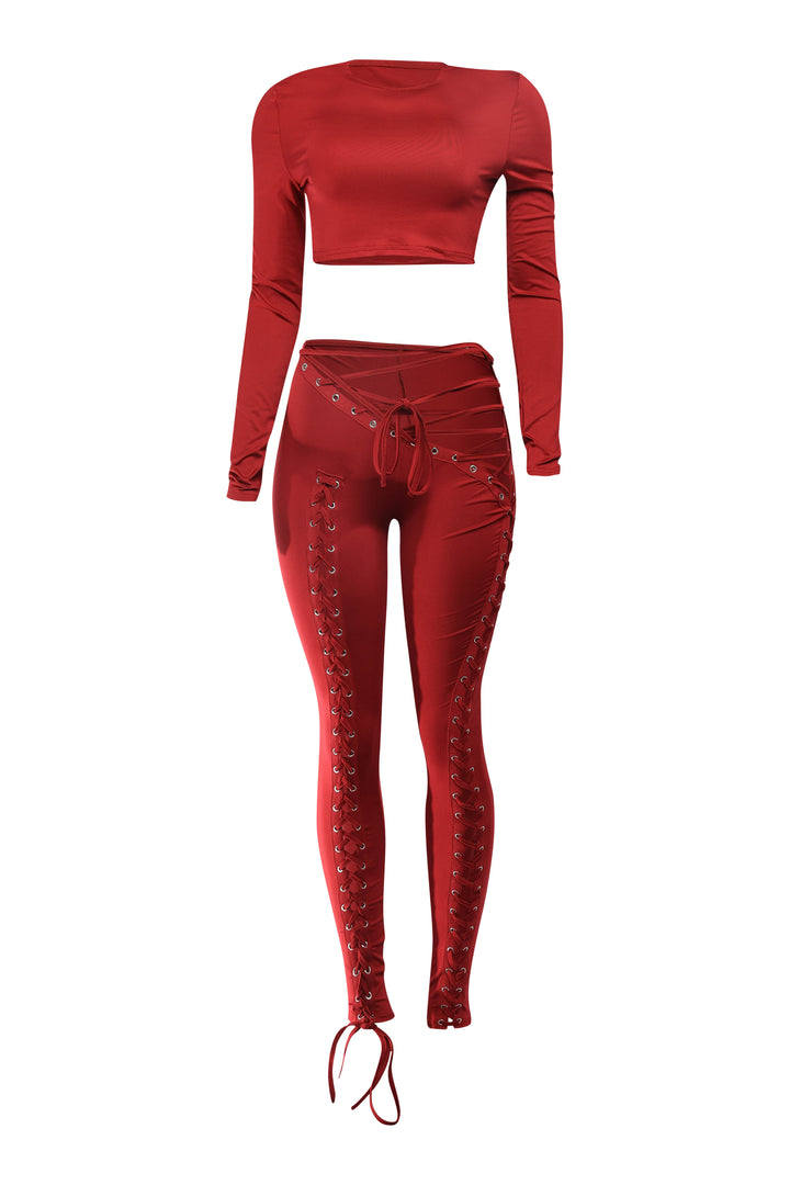 Burgundy lace-up pants and crop top set