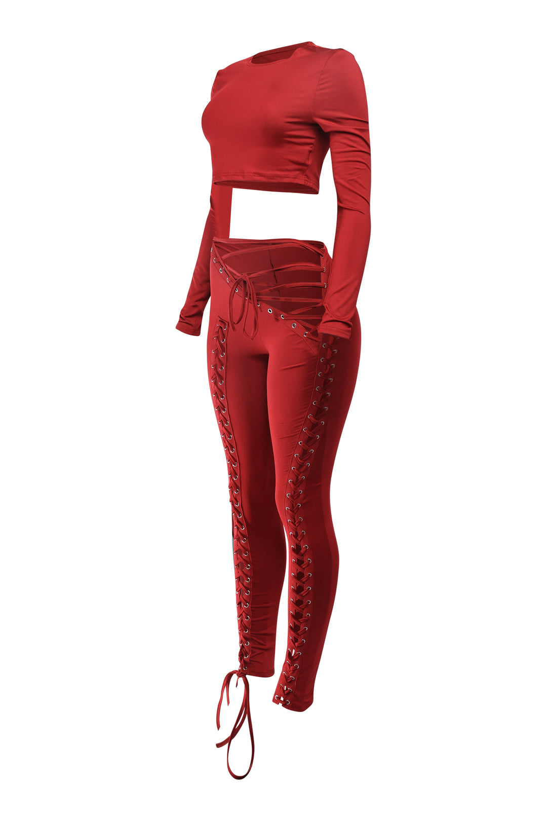 Burgundy pants with roundneck long sleeve top