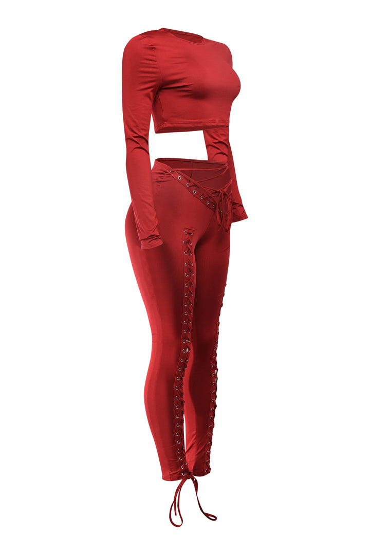 Burgundy slim-fit two-piece outfit with lace-up detail