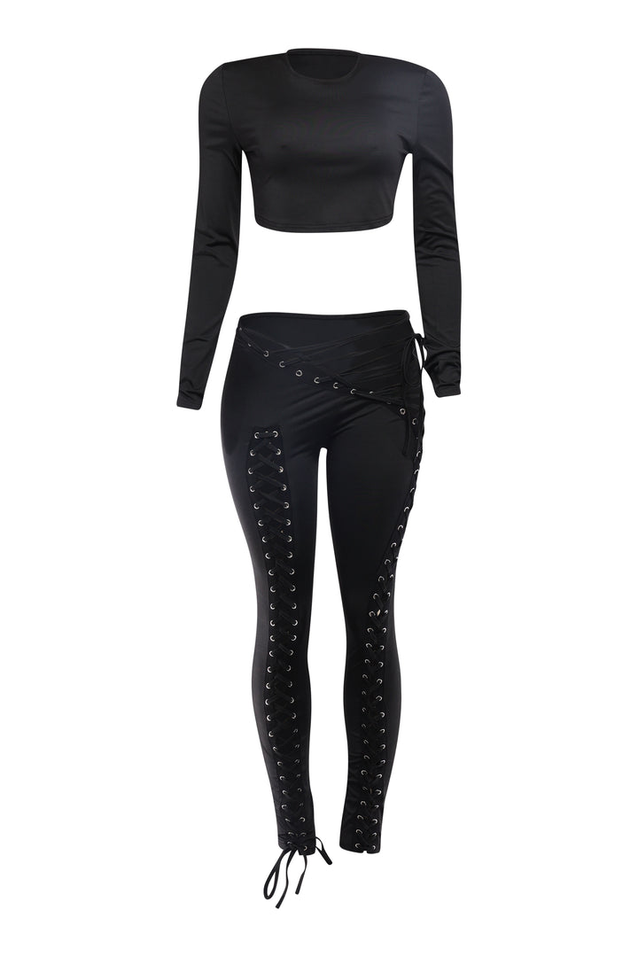 Black lace-up pants and crop top set
