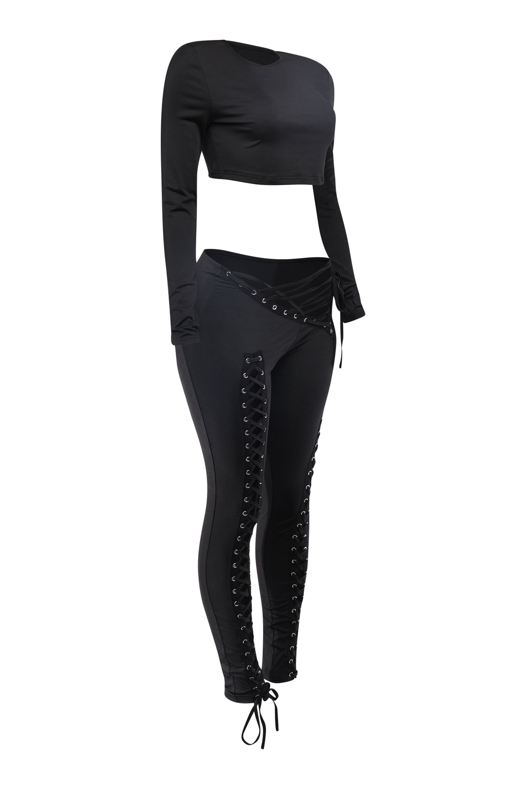 Black two-piece outfit with lace-up detail
