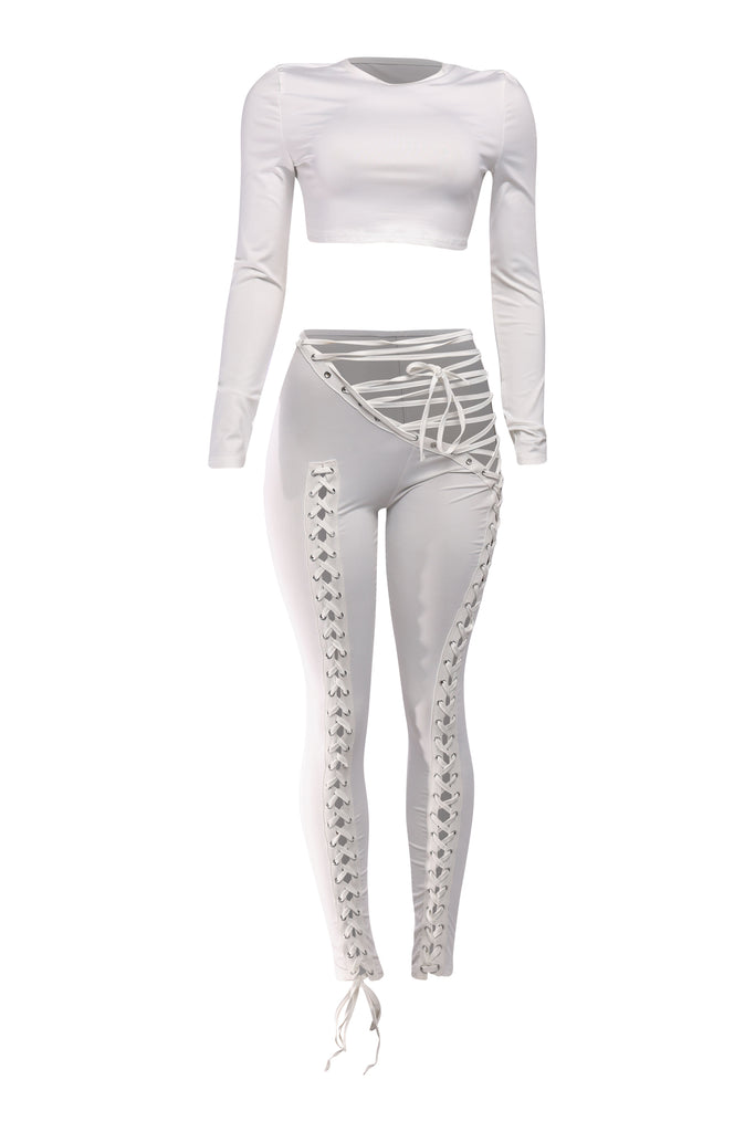 Ivory lace-up pants and crop top set