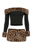 Black off-shoulder top and leopard print shorts set on a white background