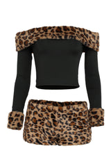 Black off-shoulder top and leopard print shorts set on a white background