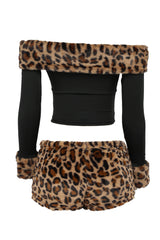 Black off-shoulder top and leopard print shorts set on a white background