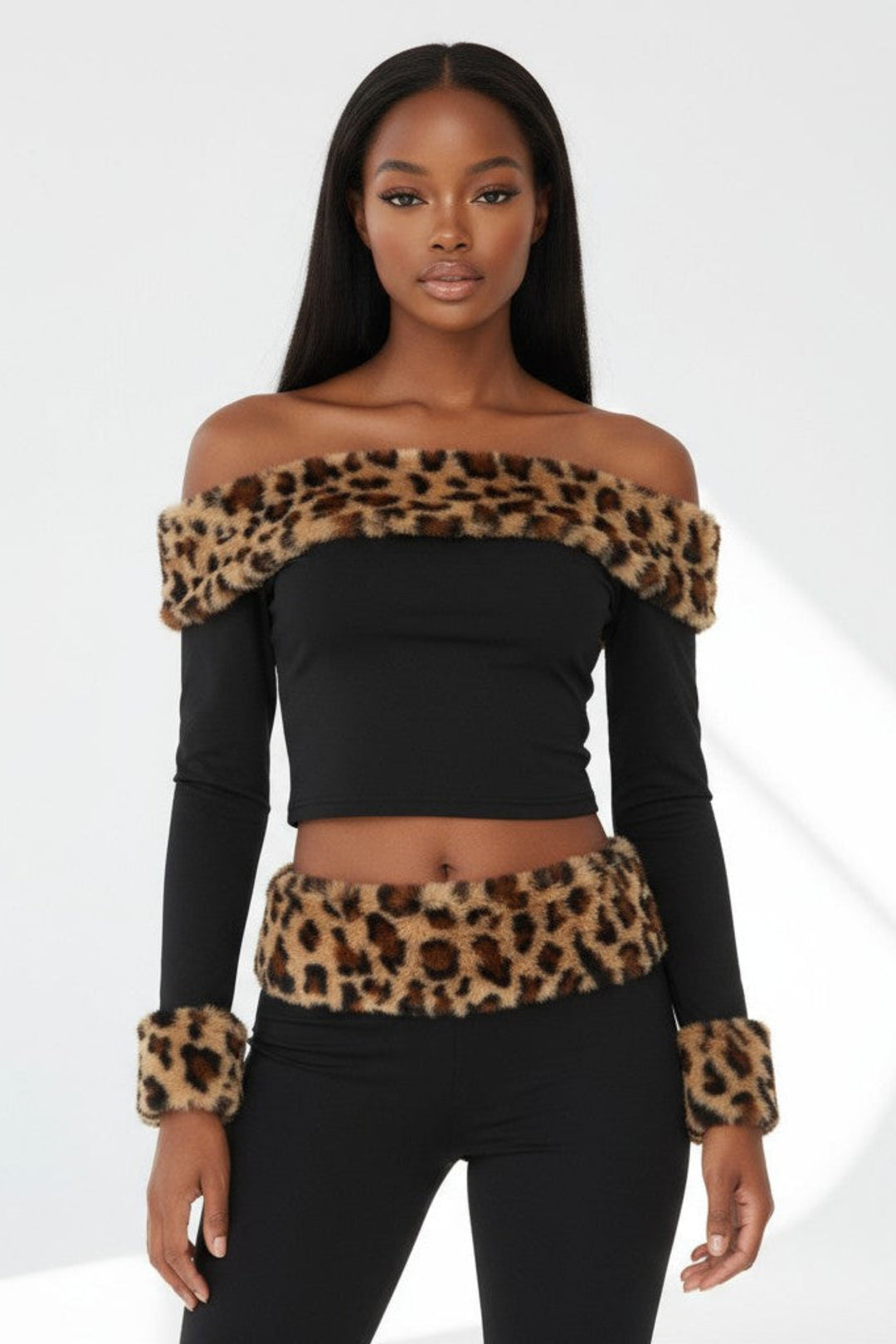 Leopard Faux Fur Off Shoulder Flare Pant Set