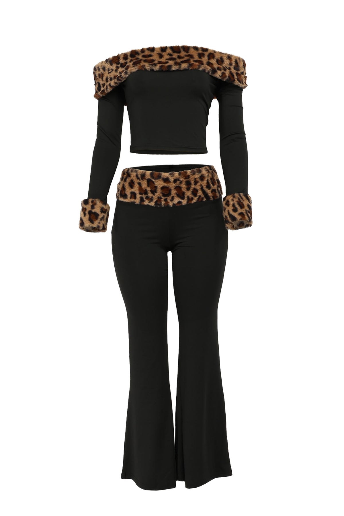 Black outfit with leopard print accents on a white background