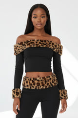 Leopard Faux Fur Off Shoulder Flare Pant Set