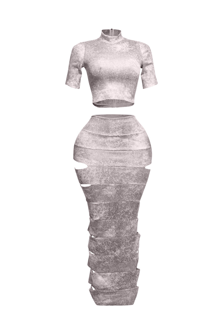 Crop top and laser cut detailed maxi skirt