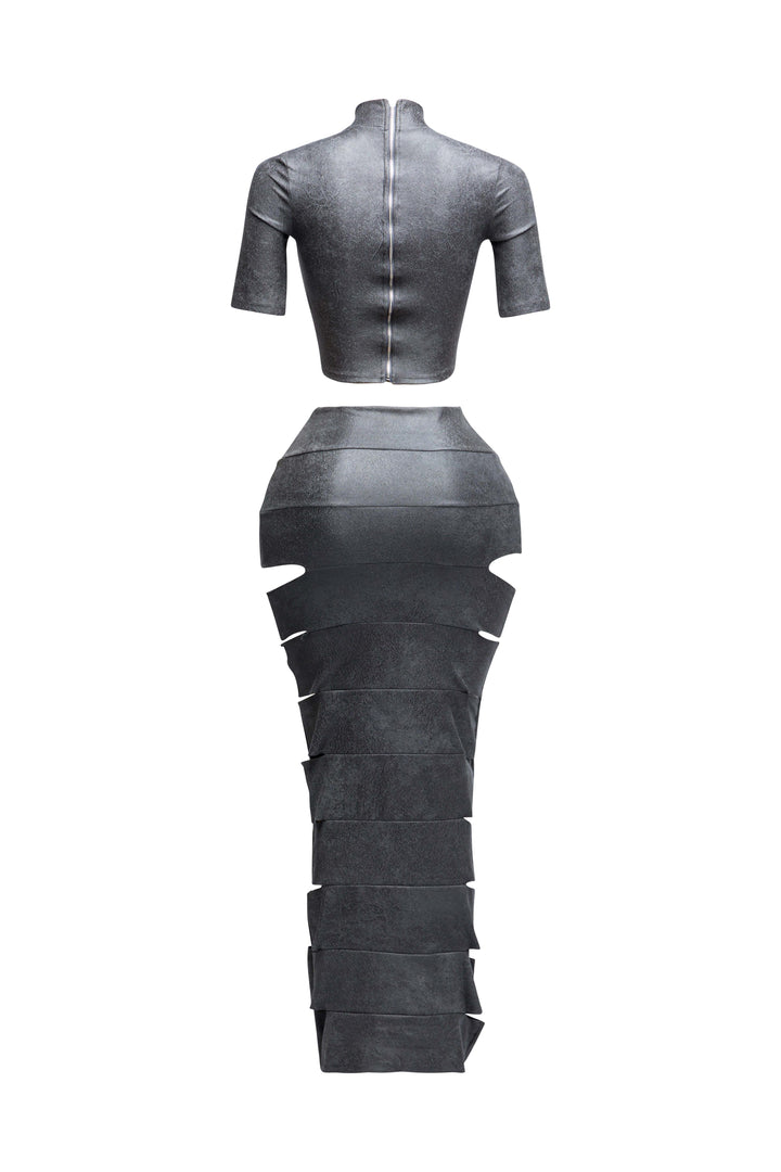 Crop top and laser cut detailed maxi skirt