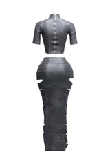 Crop top and laser cut detailed maxi skirt