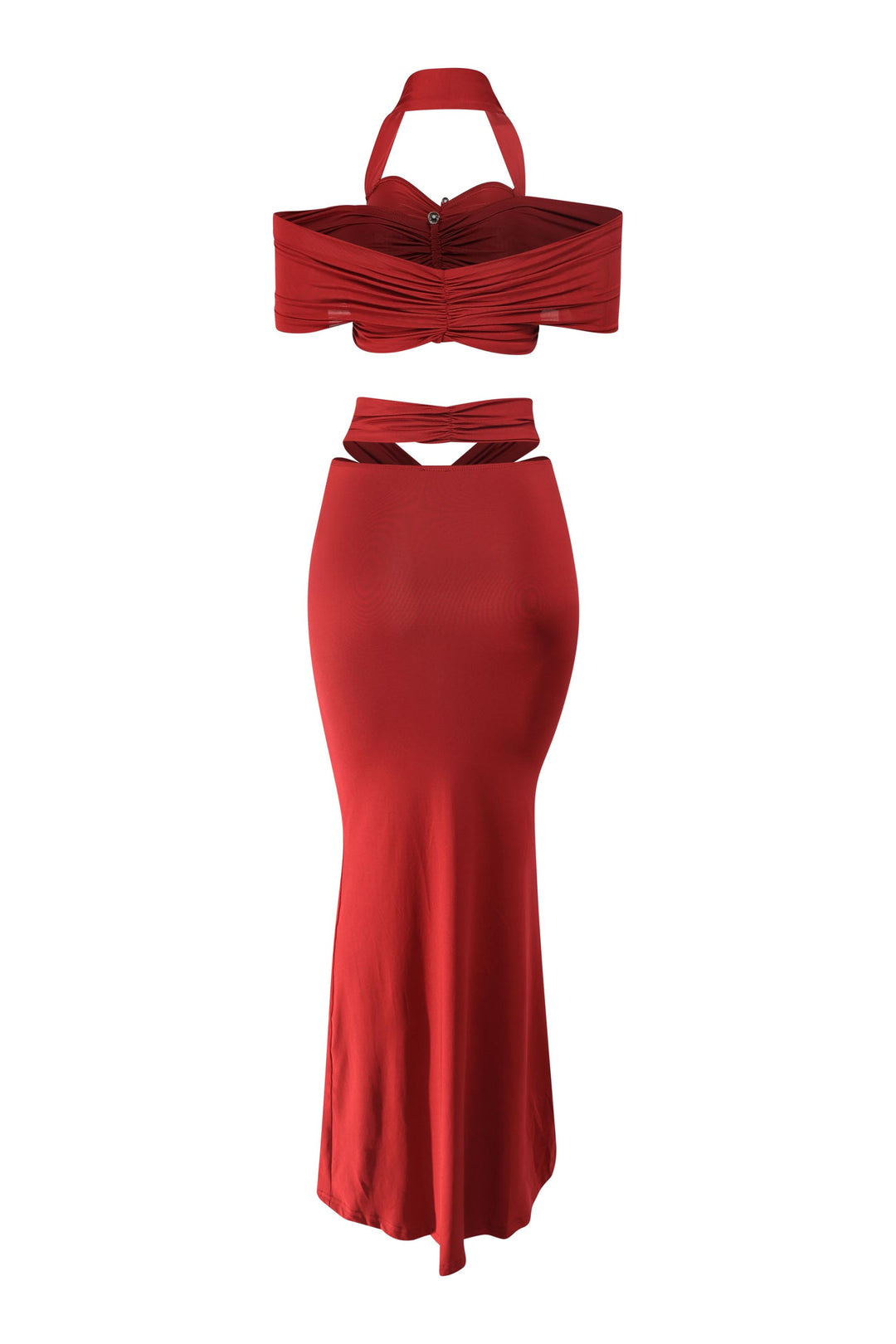 Wine halter maxi skirt set with off-shoulder neckline and contrast trim