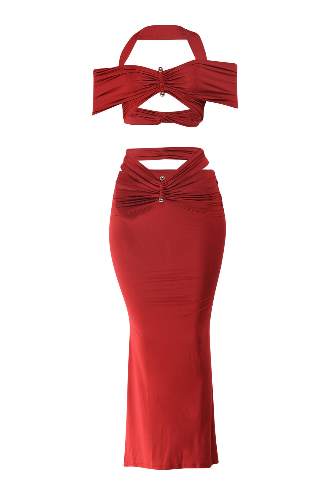 Trendy wine halter outfit with trim-detailed top and matching maxi skirt