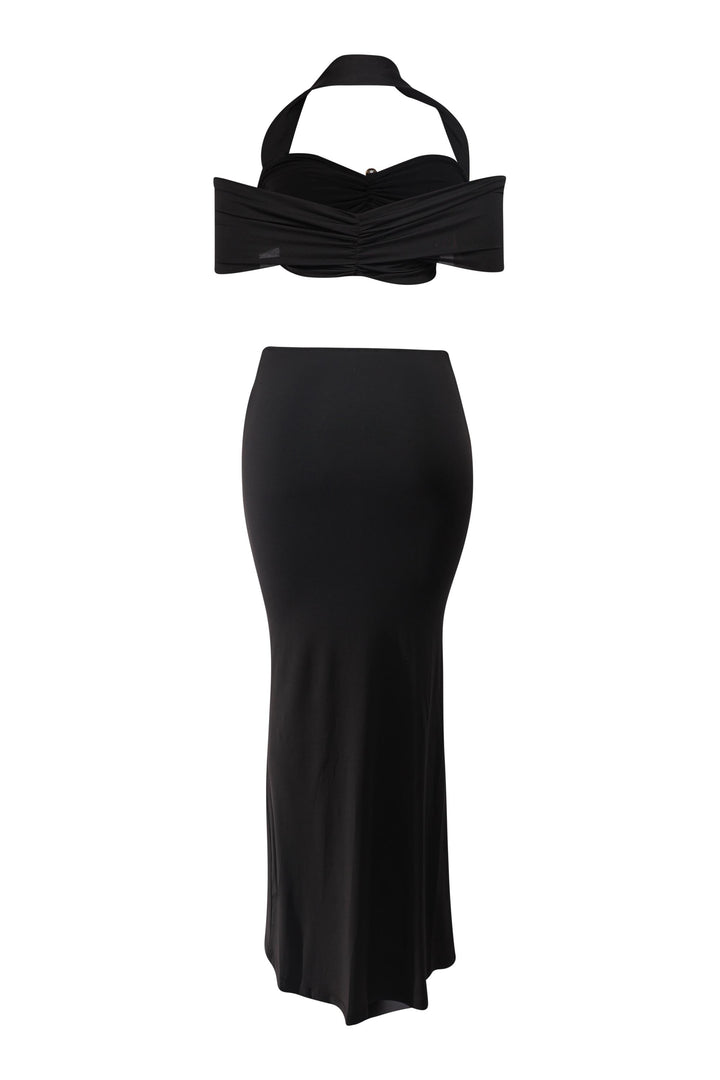 Black halter maxi skirt set with off-shoulder sleeves and contrast trim detailing