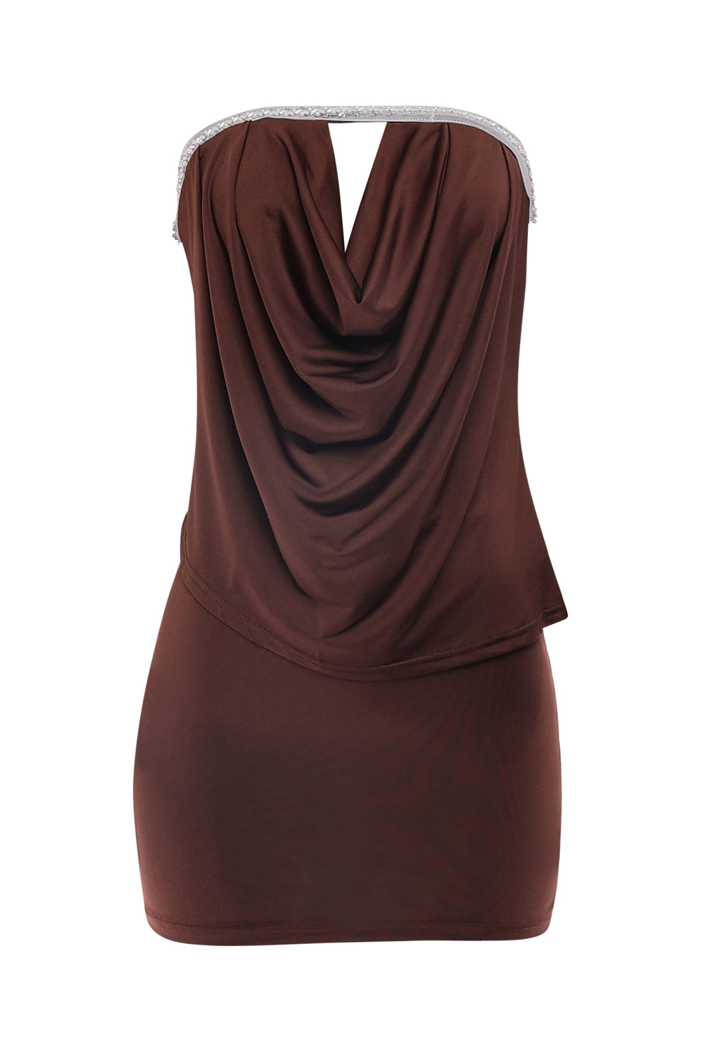 Brown draped tube top and mini skirt set with keyhole front