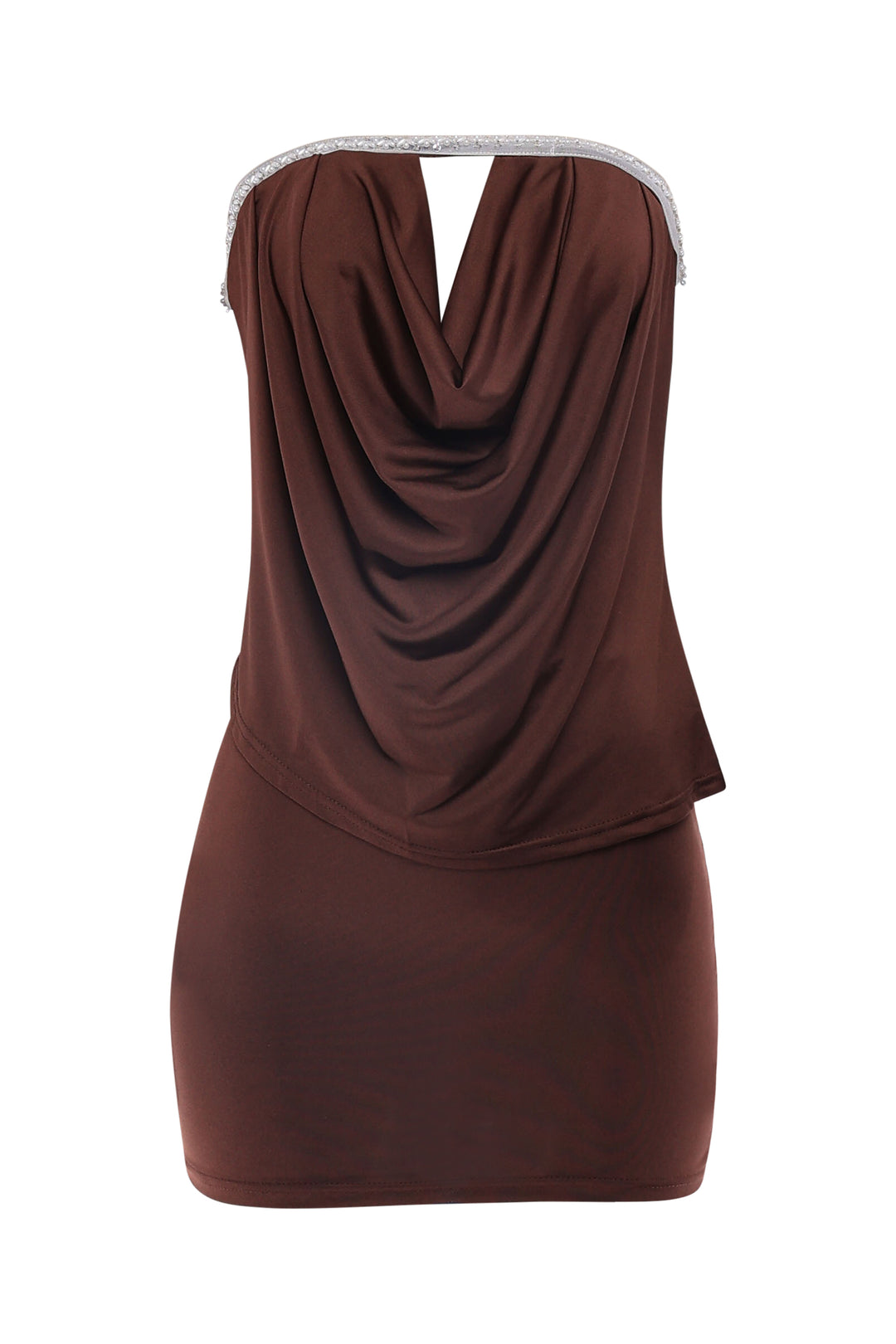 Brown draped tube top and mini skirt set with keyhole front