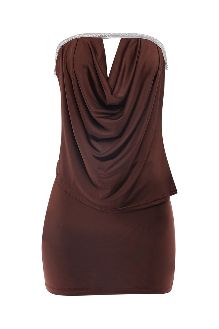 Brown draped tube top and mini skirt set with keyhole front