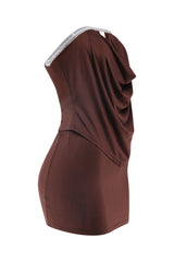 Sexy brown two piece set featuring asymmetrical draped tube top