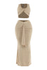 Front view of beige sleeveless two-piece set with draped ruched detail on skirt