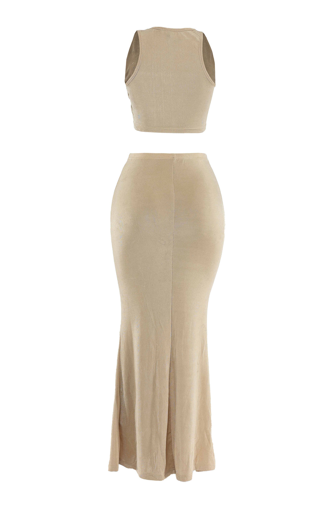 Back view of beige two-piece maxi set highlighting flowy flared hem and body-skimming fit