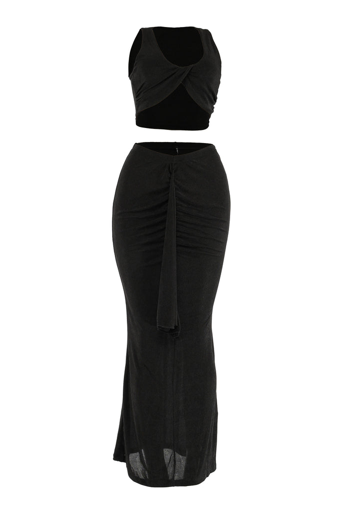 Front view of black two-piece set with twist detail and pull-on fit