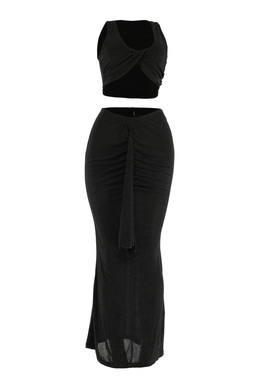 Front view of black two-piece set with twist detail and pull-on fit