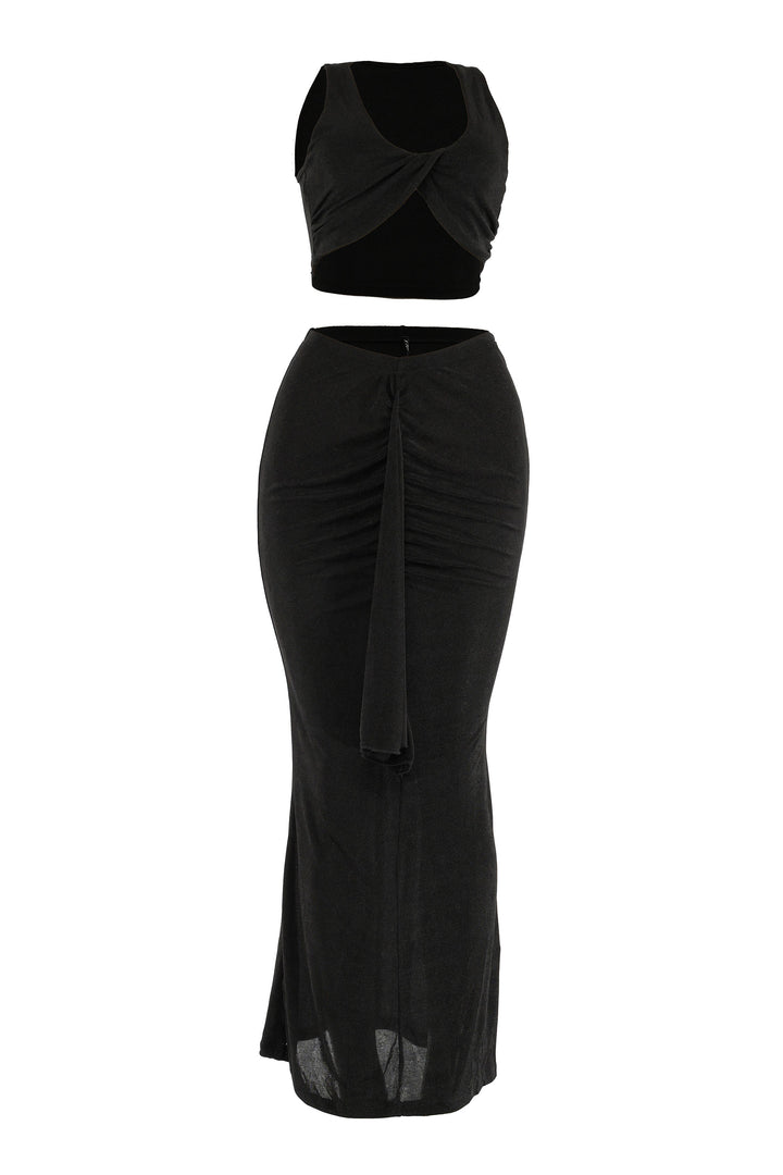 Front view of black two-piece set with twist detail and pull-on fit