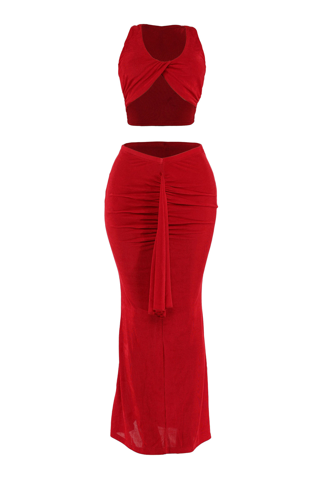 Front angled view of red ruched maxi set with twist front top and bold drape detail