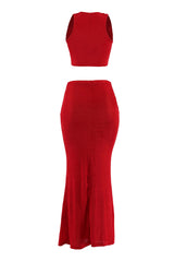 Back view of red maxi two-piece outfit with slim fit and body-hugging stretch