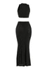 Back view of black sleeveless maxi set with flared hem and sleek finish