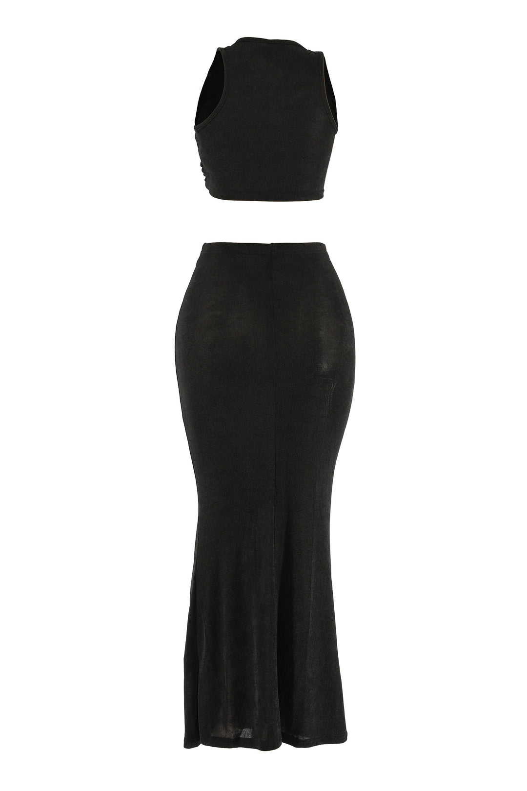 Back view of black sleeveless maxi set with flared hem and sleek finish