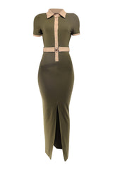 Olive and taupe collared neck maxi dress with button-down front