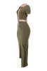 Stylish olive and taupe maxi dress for parties or events