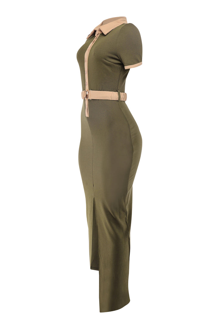 Stylish olive and taupe maxi dress for parties or events