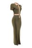 Olive/taupe maxi dress with front slit and belt detail