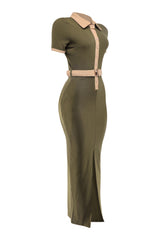 Olive/taupe maxi dress with front slit and belt detail
