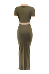 Slim fit olive/taupe button-down maxi dress