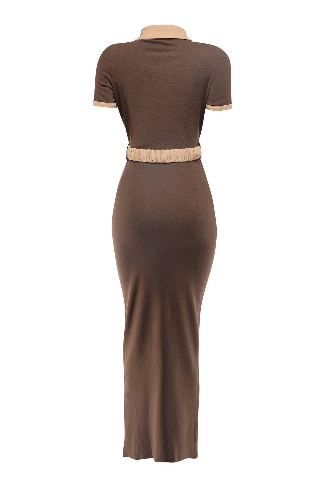 Chic brown and taupe maxi dress with waist belt