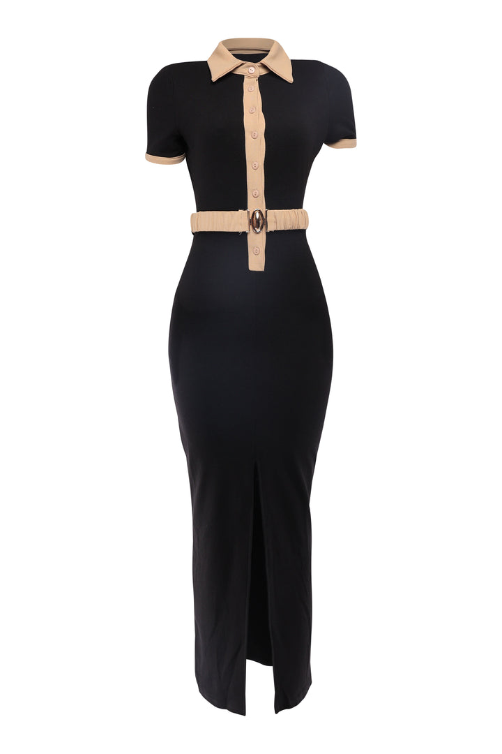 Black and taupe collared neck maxi dress with button-down detail