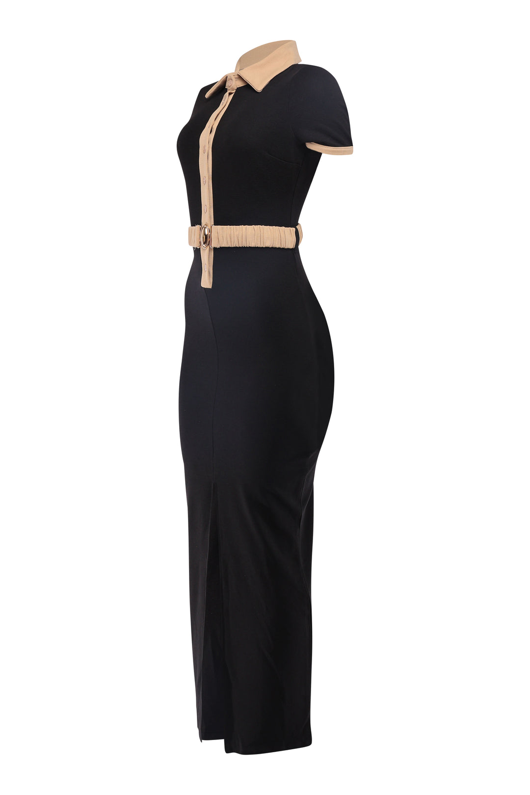 Elegant black and taupe maxi dress for formal events