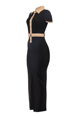 Elegant black and taupe maxi dress for formal events