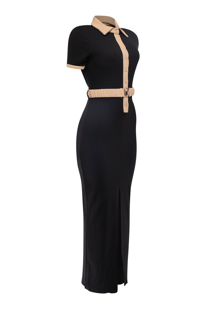 Black/taupe maxi dress with front slit and waist belt