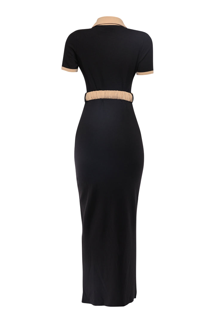 Slim fit black/taupe button-down maxi dress